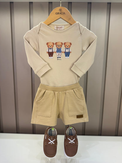 Conjunto Bebê Body Suedine Algodão ML Trio Teddy e Bermuda Moletom Algodão Bege - Dame