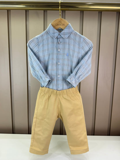 Conjunto Bebê Camisa-Body Algodão Xadrez ML Azul e Calça Sarja com Elastano Bege - Dame