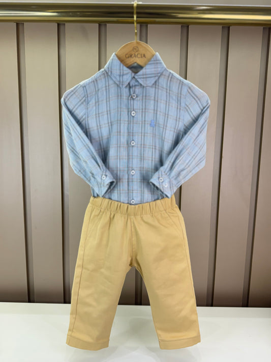 Conjunto Bebê Camisa-Body Algodão Xadrez ML Azul e Calça Sarja com Elastano Bege - Dame