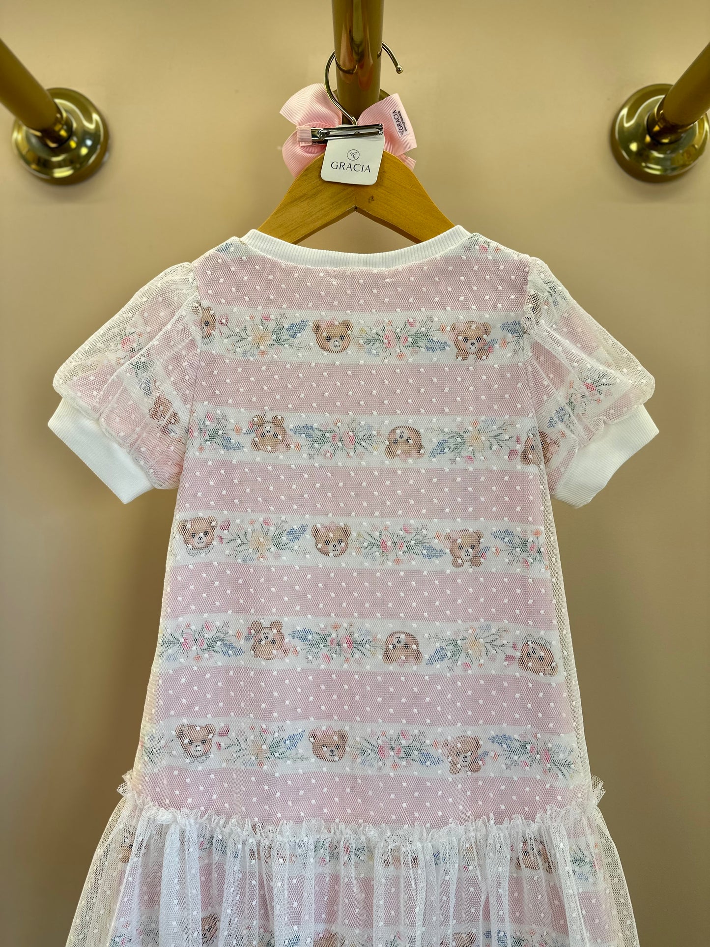 Vestido Infantil Trapézio Tule Poá Ursinha Bordado Lacinho Rosa - Petit Cherie
