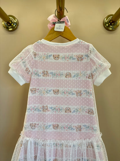 Vestido Infantil Trapézio Tule Poá Ursinha Bordado Lacinho Rosa - Petit Cherie