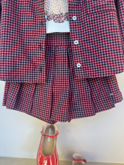 Conjunto Infantil Trio Xadrez Camisa Max Patche Cachorrinho, Blusa Cristais e Saia-shorts Pregas - Pituchinhus