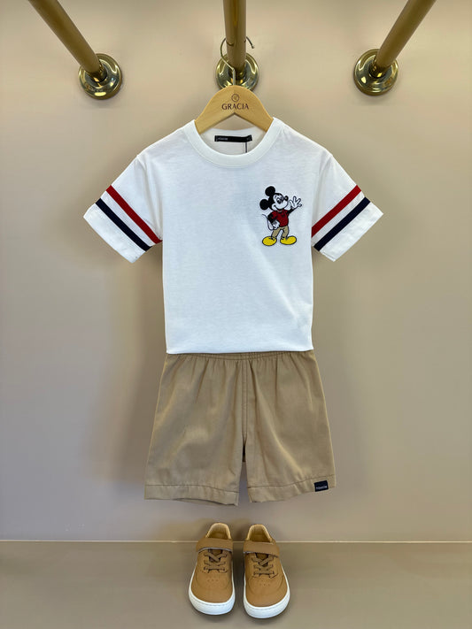 Conjunto Infantil Camiseta Pérola Mickey e Bermuda Sarja Bege - Youccie