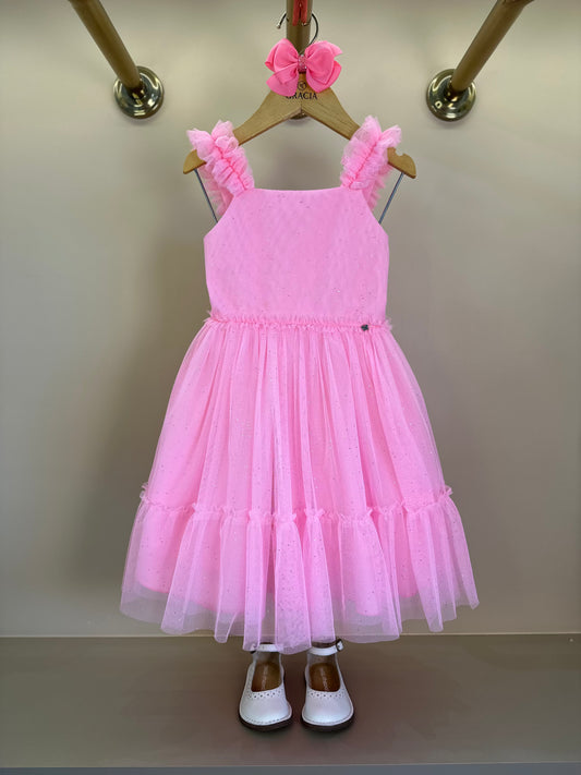 Vestido Infantil Festa Tule Glitter Rosa - Petit Cherie