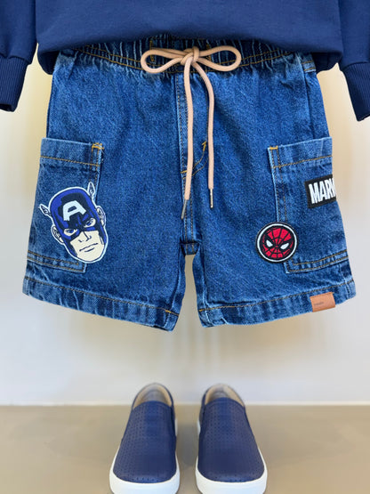 Conjunto Infantil Casaco Gola Polo e Bermuda Jeans Patchs Marvel - Youccie