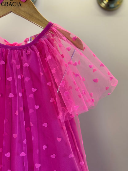 Vestido Infantil Trapézio Tule Corações Pink - Mon Sucré