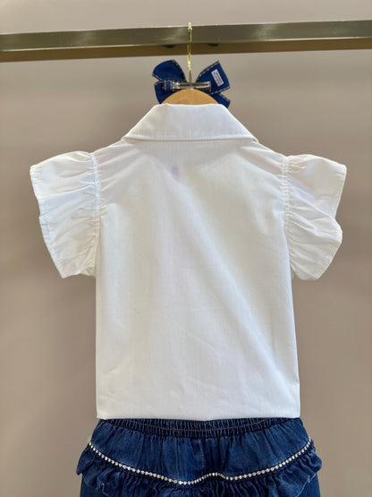 Conjuto Infantil Camisa Algodão Lacinhos Bordados e Calça Jeans - Pituchinhus