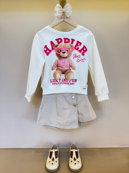 Conjunto Infantil Blusa Moletom Urso Óculos e Shorts Sarja com Botões - Momi