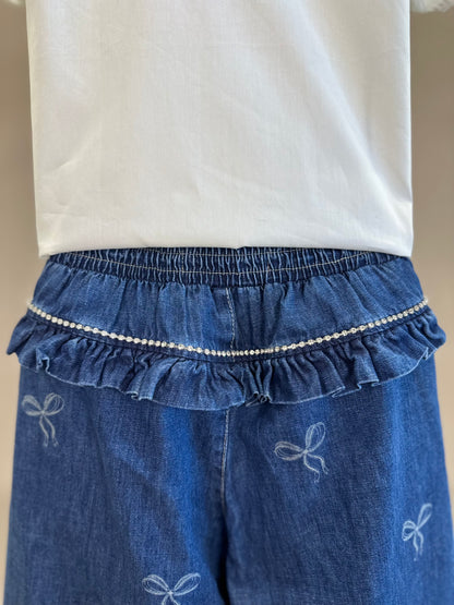 Conjuto Infantil Camisa Algodão Lacinhos Bordados e Calça Jeans - Pituchinhus
