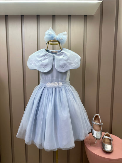Vestido Infantil Festa Pelerine Bordada Azul - Petit Cherie