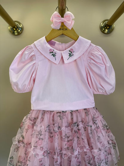 Conjunto Infantil Blusa Tricoline Golinha Patch Strass e Saia Rodada Tule Glitter Floral - Luluzinha PRÉ-VENDA