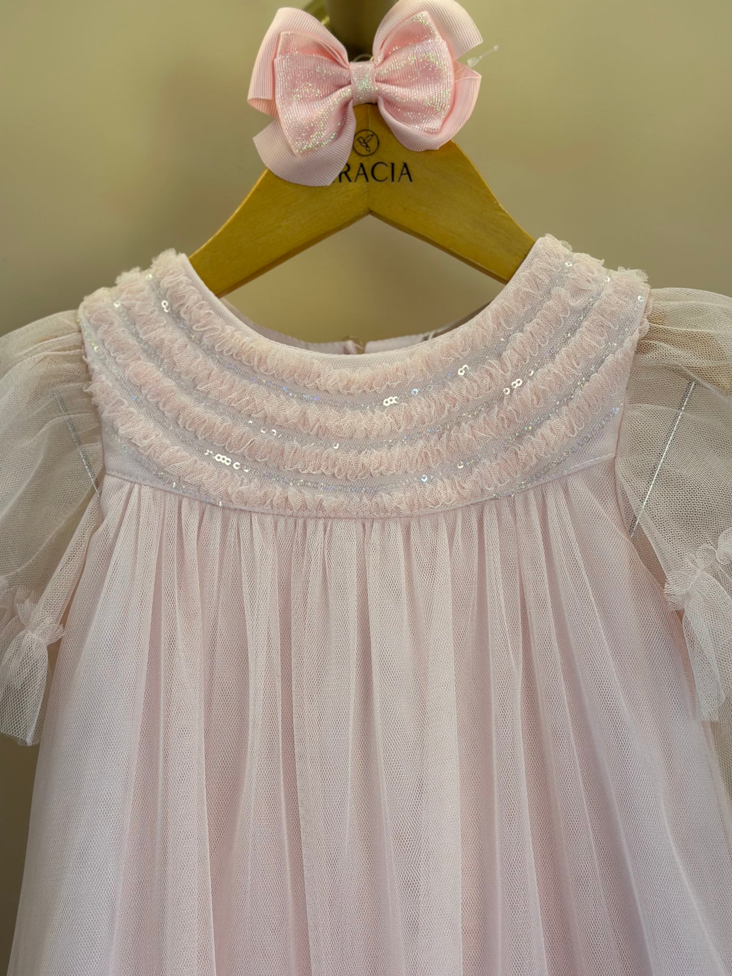 Vestido Infantil Trapézio Tule Bordado Delicado Busto Rosa - Petit Cherie