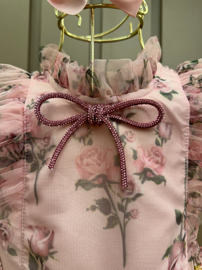 Vestido Infantil Festa Princesa Tule Floral Rodado Rosa - Luluzinha