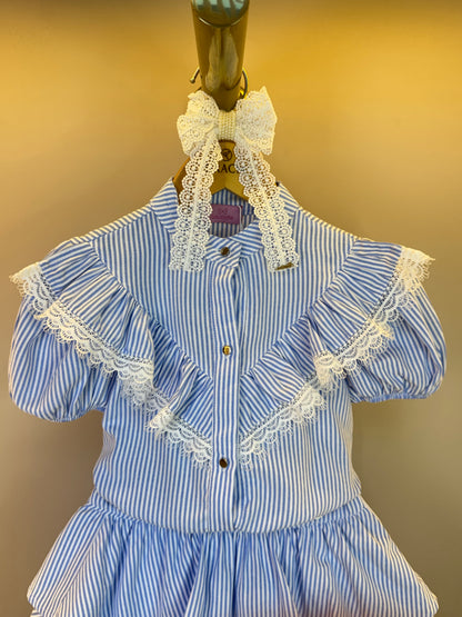 Conjunto Infantil Blusa com Babado Renda e Saia Camadas Listras Azul - Luluzinha