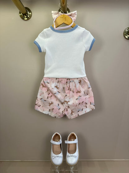 Conjunto Infantil Blusa Rib Good Luck Bordada e Shorts Rosa Estampa Cavalinhos - Pituchinhus