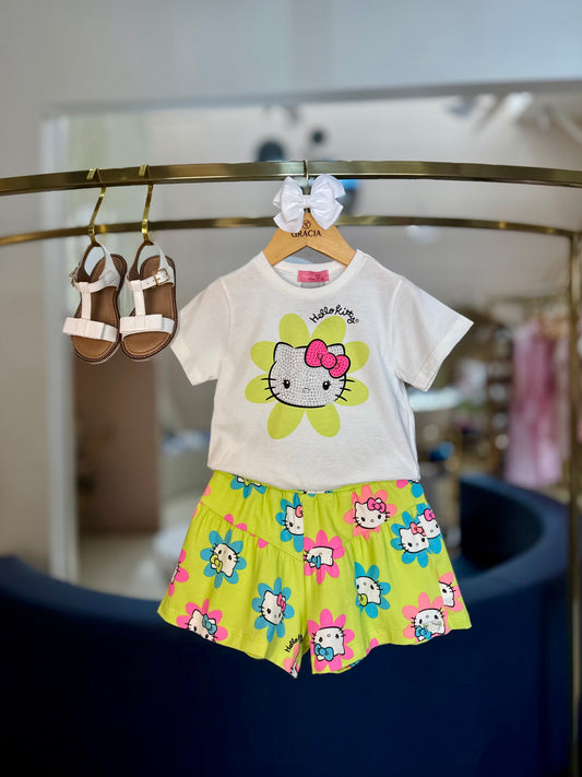 Conjunto Infantil Hello Kitty Blusa e Shorts Verde Melão - Momi