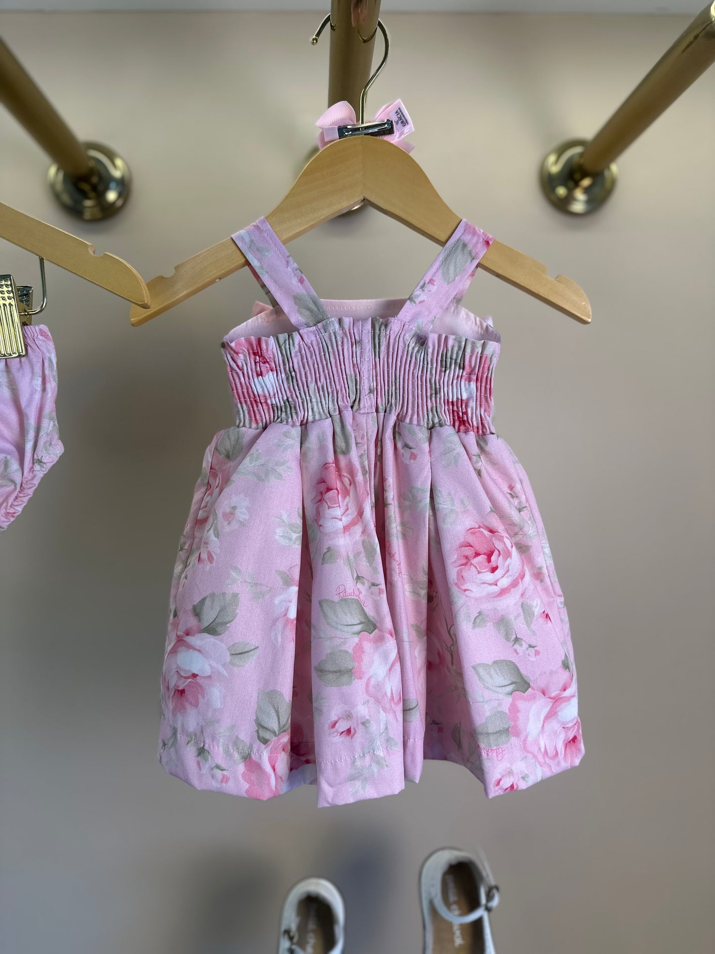 Vestido Bebê Algodão Laço Puffer com Calcinha Maxi Rosas - Pituchinhus