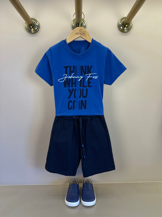 Conjunto Infantil  Camiseta Azul Royal e Bermuda Marinho - Little Johnny