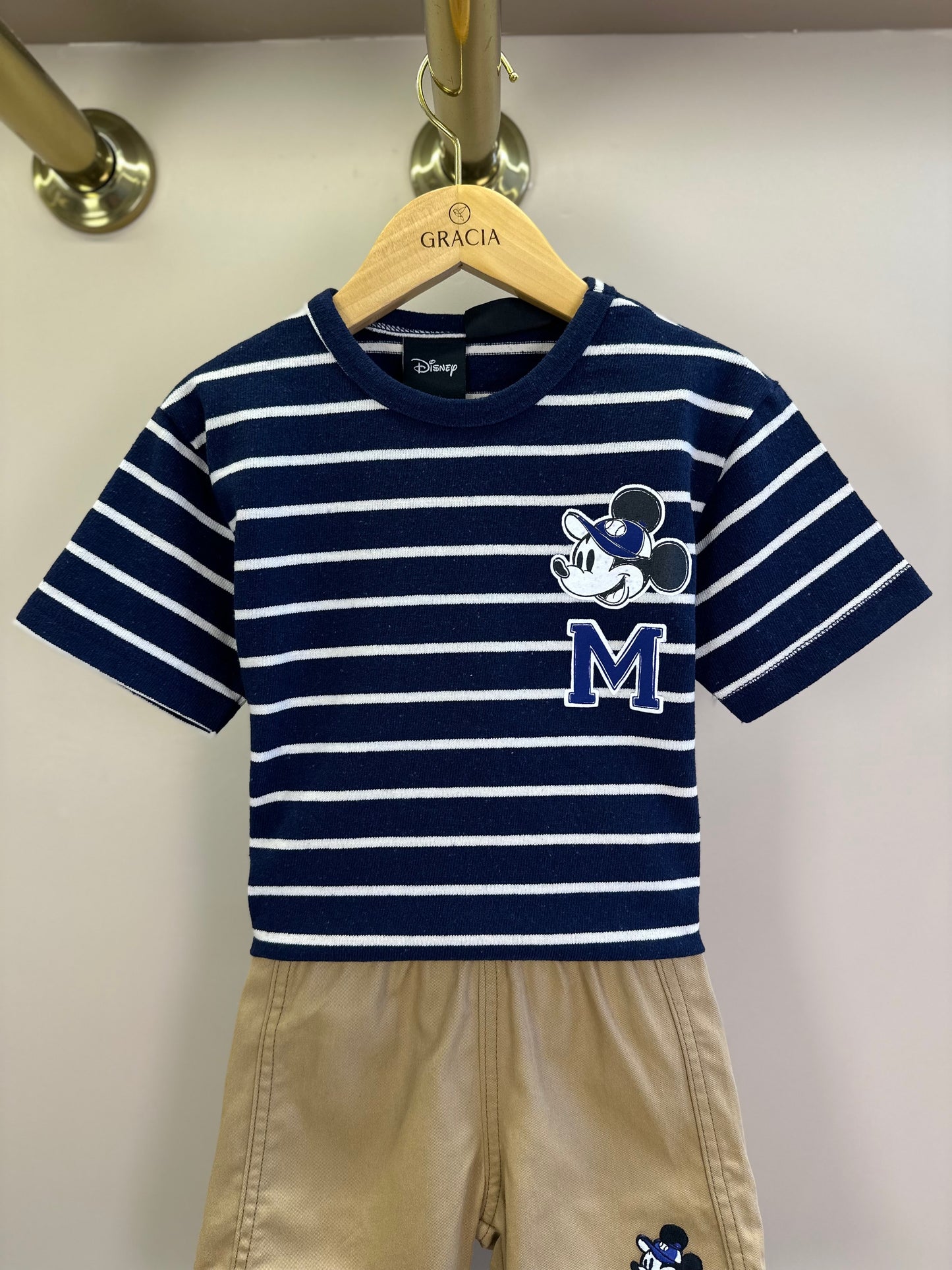 Conjunto Infantil Blusa MC Listrada Azul Marinho e Bermuda Bege - Youccie