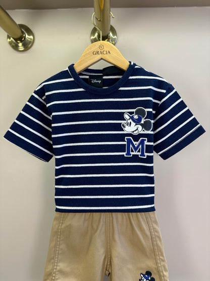 Conjunto Infantil Blusa MC Listrada Azul Marinho e Bermuda Bege - Youccie