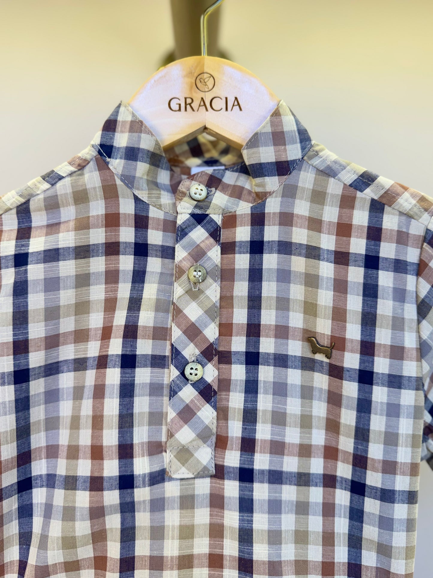Conjunto Infantil Camisa Gola Padre Xadrez Fio Tinto e Bermuda Sarja Marinho - Um Mais Um