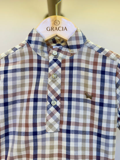 Conjunto Infantil Camisa Gola Padre Xadrez Fio Tinto e Bermuda Sarja Marinho - Um Mais Um