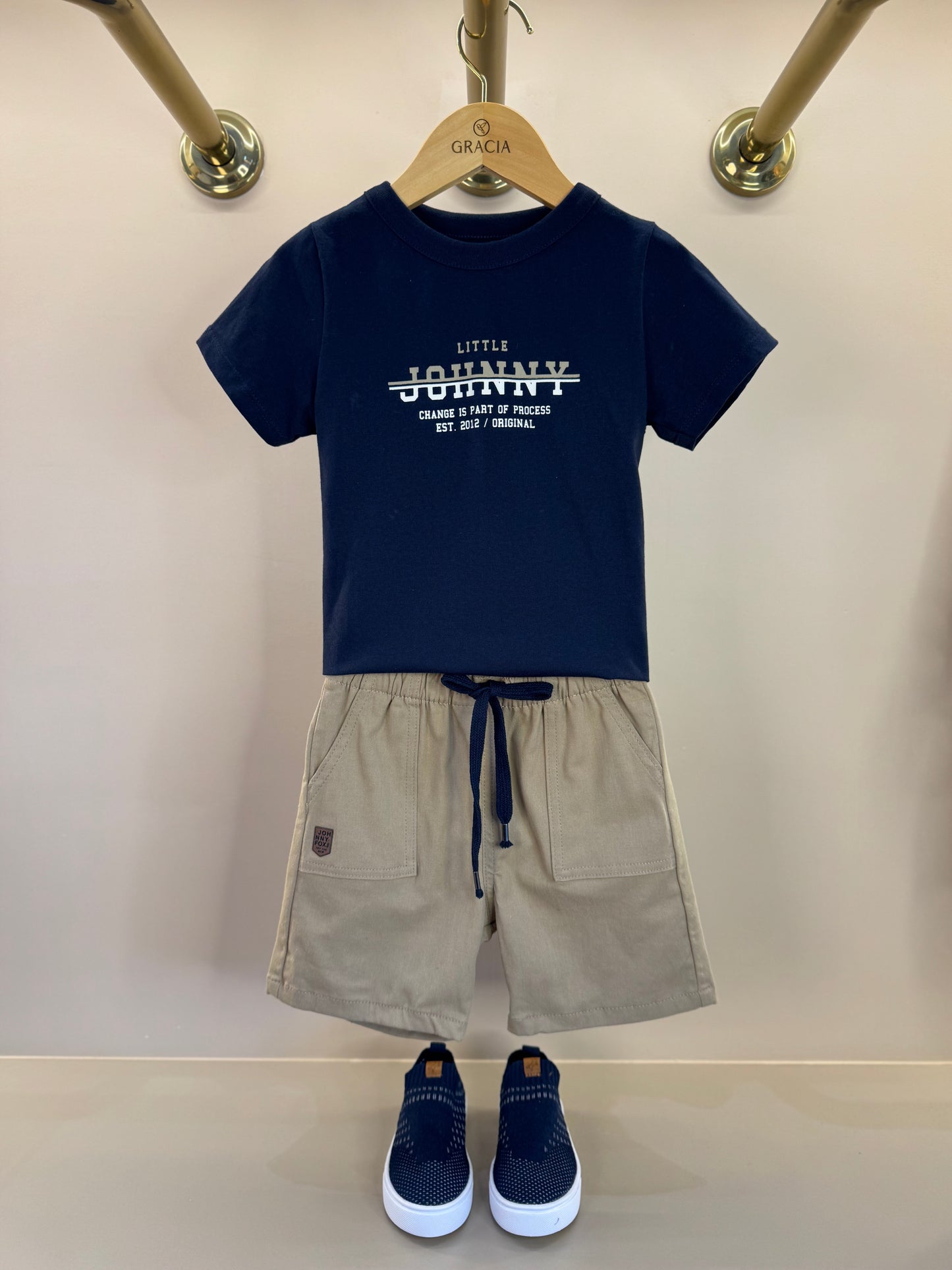 Conjunto Infantil Camiseta Algodão Marinho e Bermuda Sarja Girassol Marinho - Little Johnny