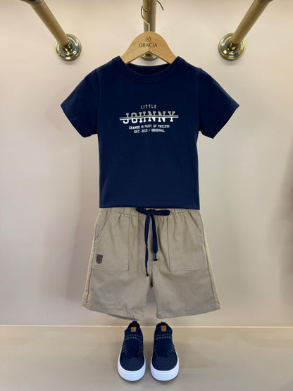 Conjunto Infantil Camiseta Algodão Marinho e Bermuda Sarja Girassol Marinho - Little Johnny