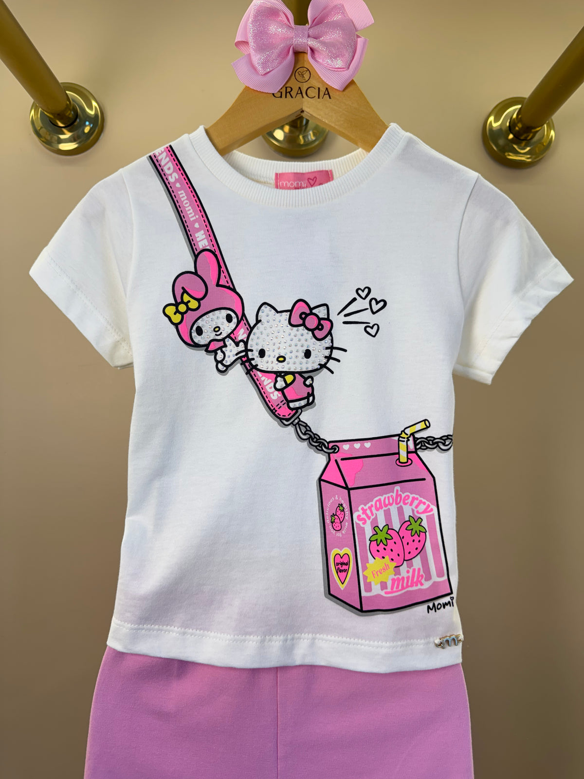 Conjunto Infantil Blusa Hello Kitty Com Strass e Shorts Legging Rosa - Momi