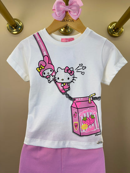 Conjunto Infantil Blusa Hello Kitty Com Strass e Shorts Legging Rosa - Momi