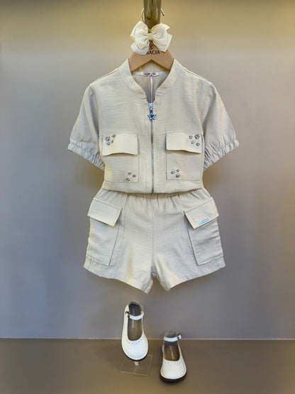 Conjunto Infantil Bomber e Bermuda Alfaiataria Bege - Gabriela Aquarela
