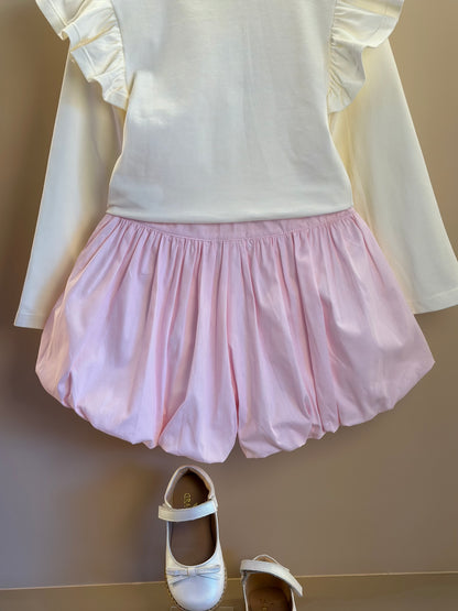 Conjunto Infantil Blusa ML Lacinho Branca e Shorts Balonê Rosa Claro - Luluzinha