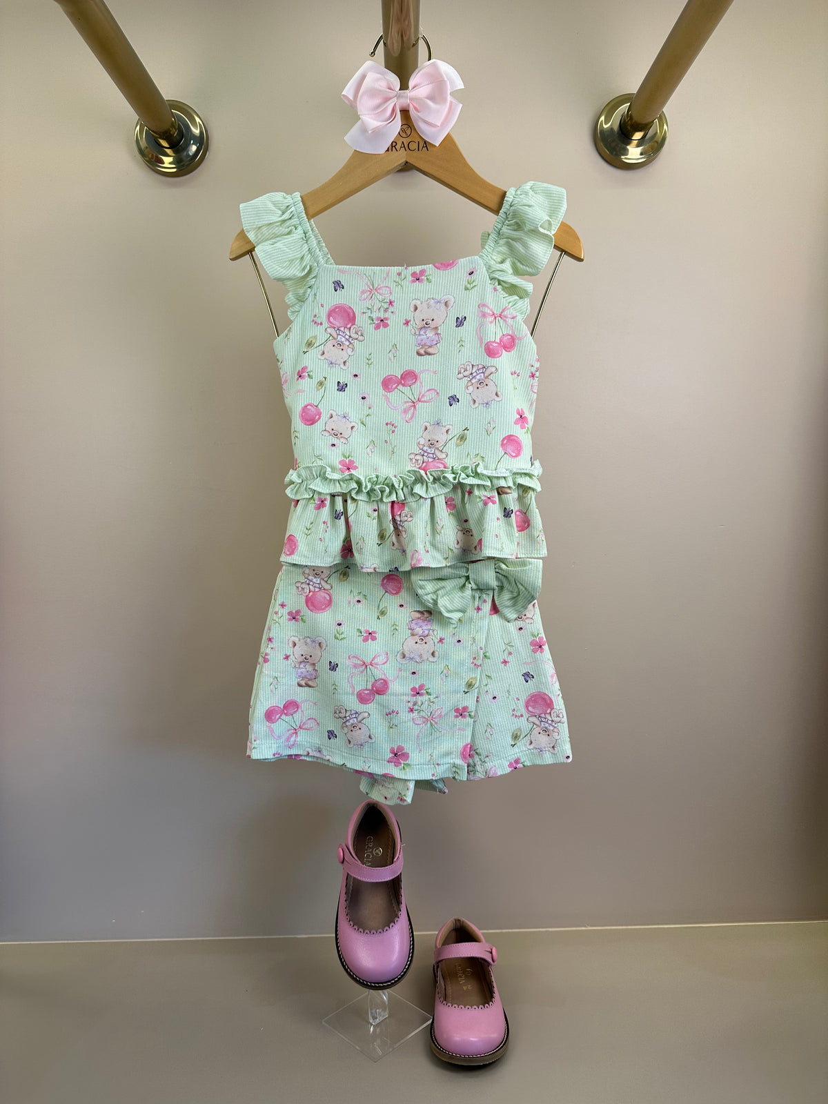 Conjunto Infantil Verde Estampado Blusa Babadinhos e Shorts Saia - Petit Cherie