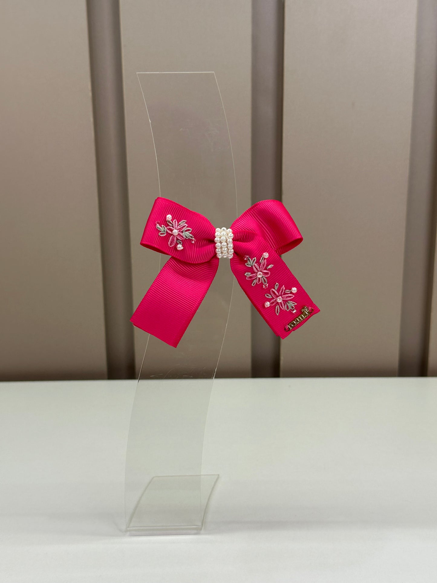 Presilha Infantil Laço Longo Pink Flores Bordadas - Roana