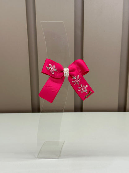 Presilha Infantil Laço Longo Pink Flores Bordadas - Roana