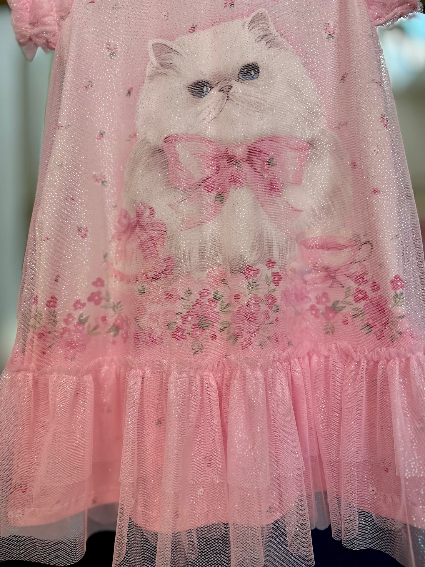 Vestido Infantil Trapézio Gatinho Tule Rosa - Petit Cherie