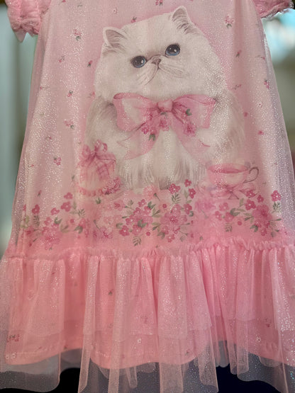 Vestido Infantil Trapézio Gatinho Tule Rosa - Petit Cherie