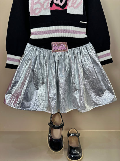 Conjunto Infantil Blusa Tricot Barbie Color Preta e Saia Prata Patche Barbie - Pituchinhus