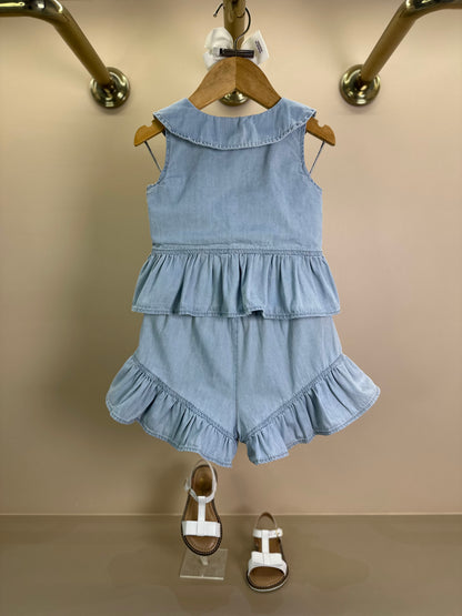 Conjunto Infantil Camisa Regata Jeans Fino Babado Patche e Short Jeans Fino Ursinha com Babado Patche - Pituchinhus