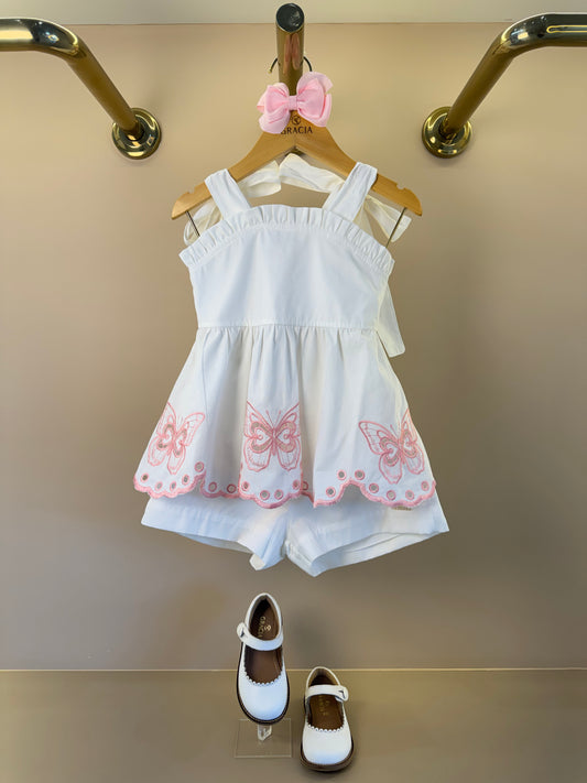 Conjunto Infantil Blusa Com Bordado Rechilieu de Borboleta na Barra e Shorts Tricoline - Luluzinha