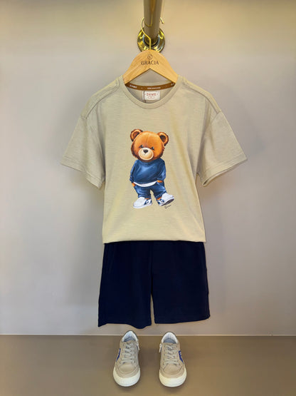 Conjunto Infantil Camiseta Teddy Hoodie Bege e Bermuda Moletom Elastano Elástico Listrado - Dame