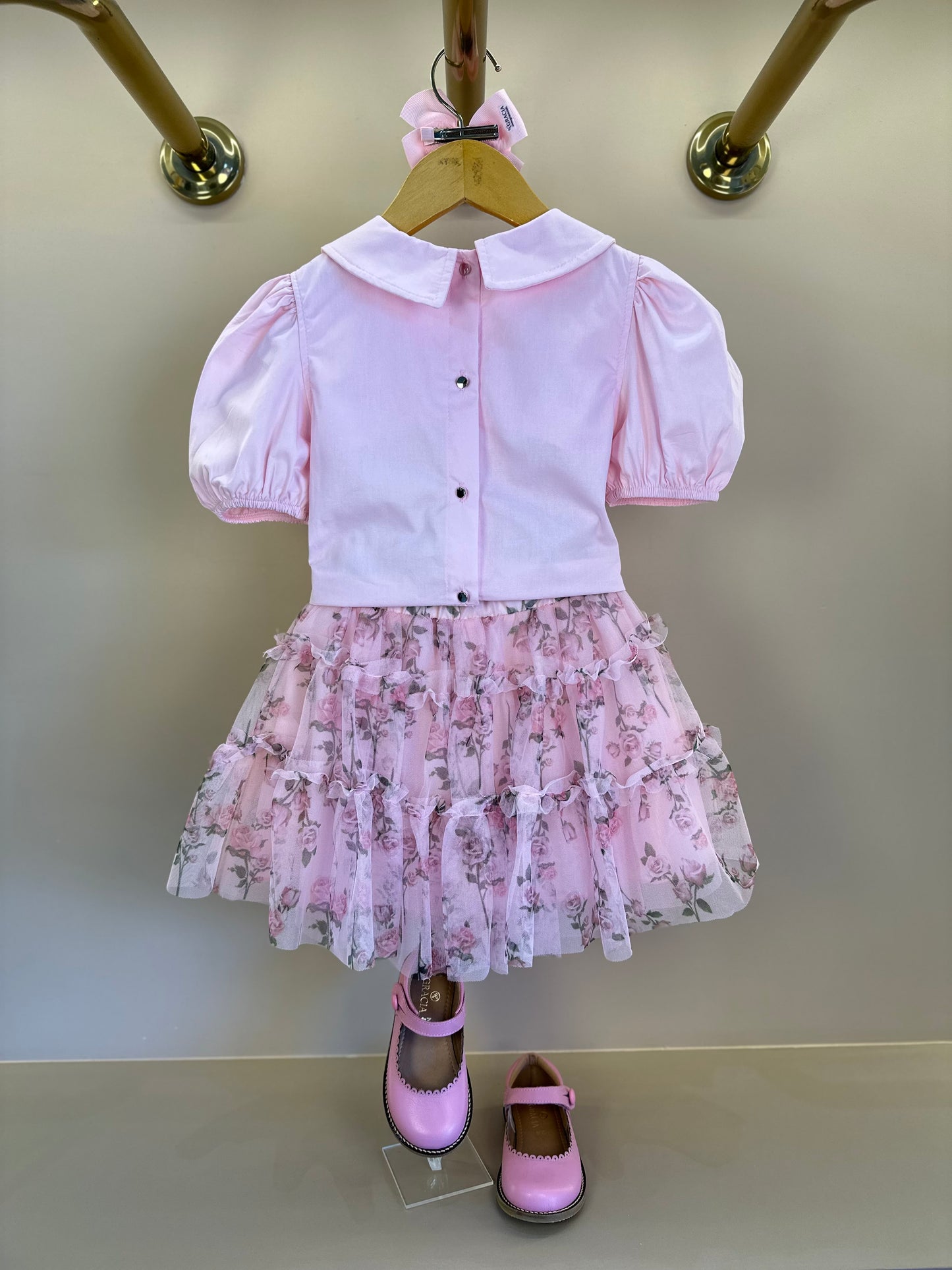 Conjunto Infantil Blusa Tricoline Golinha Patch Strass e Saia Rodada Tule Glitter Floral - Luluzinha PRÉ-VENDA