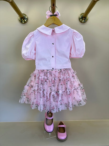 Conjunto Infantil Blusa Tricoline Golinha Patch Strass e Saia Rodada Tule Glitter Floral - Luluzinha PRÉ-VENDA
