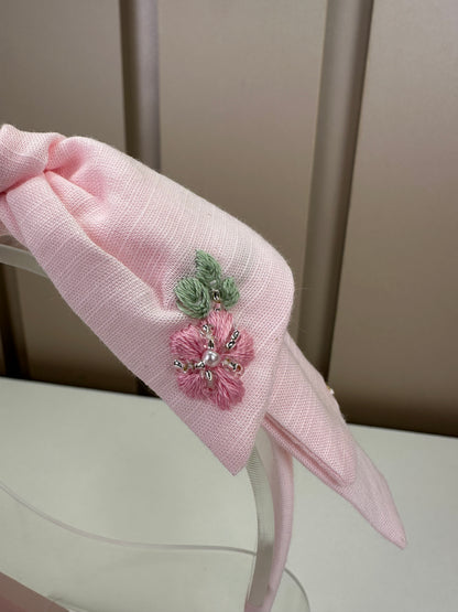 Tiara Infantil Mariana Rosa Tecido Algodão Laço Duplo Flores Bordadas - Roana