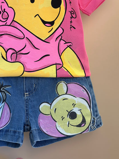 Conjunto Infantil Camiseta e Shorts Jeans Leitão & Pooh Rosa Cherry Donut - Animê Petite