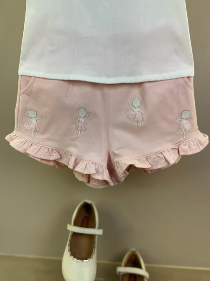 Conjunto Infantil Short Bailarinas E Blusa Bata Em Tricoline Off White - Gabriela Aquarela