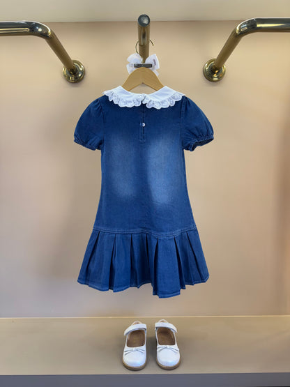 Vestido Infantil Jeans Gola Babadinho Bordado Laço - Gabriela Aquarela