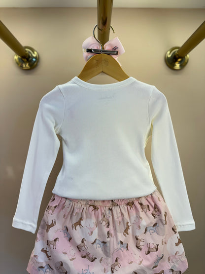 Conjunto Infantil Blusa Rib Moldura Cavalinho Cristal Off White e Shorts Cavalinhos Rosa - Pituchinhus