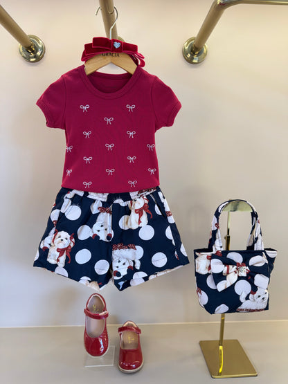 Conjunto Infantil Blusa Lacinhos Cristais Bala de Cereja e Shorts  Algodão Cachorrinhos & Lacinhos Preto - Pituchinhus