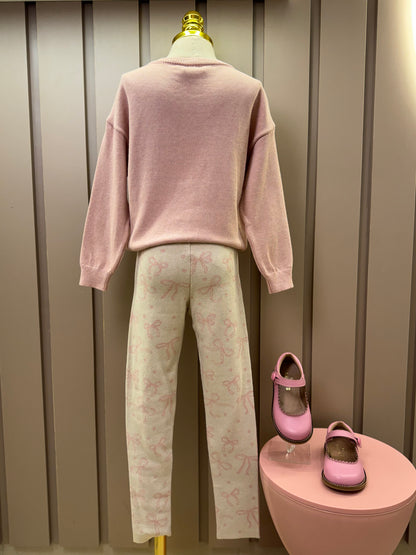 Conjunto Infantil Tricot Blusa Maxi Laço Cristais Rosa Dolce e Legging Jacquard Multi-laços Ninive - Pituchinhus